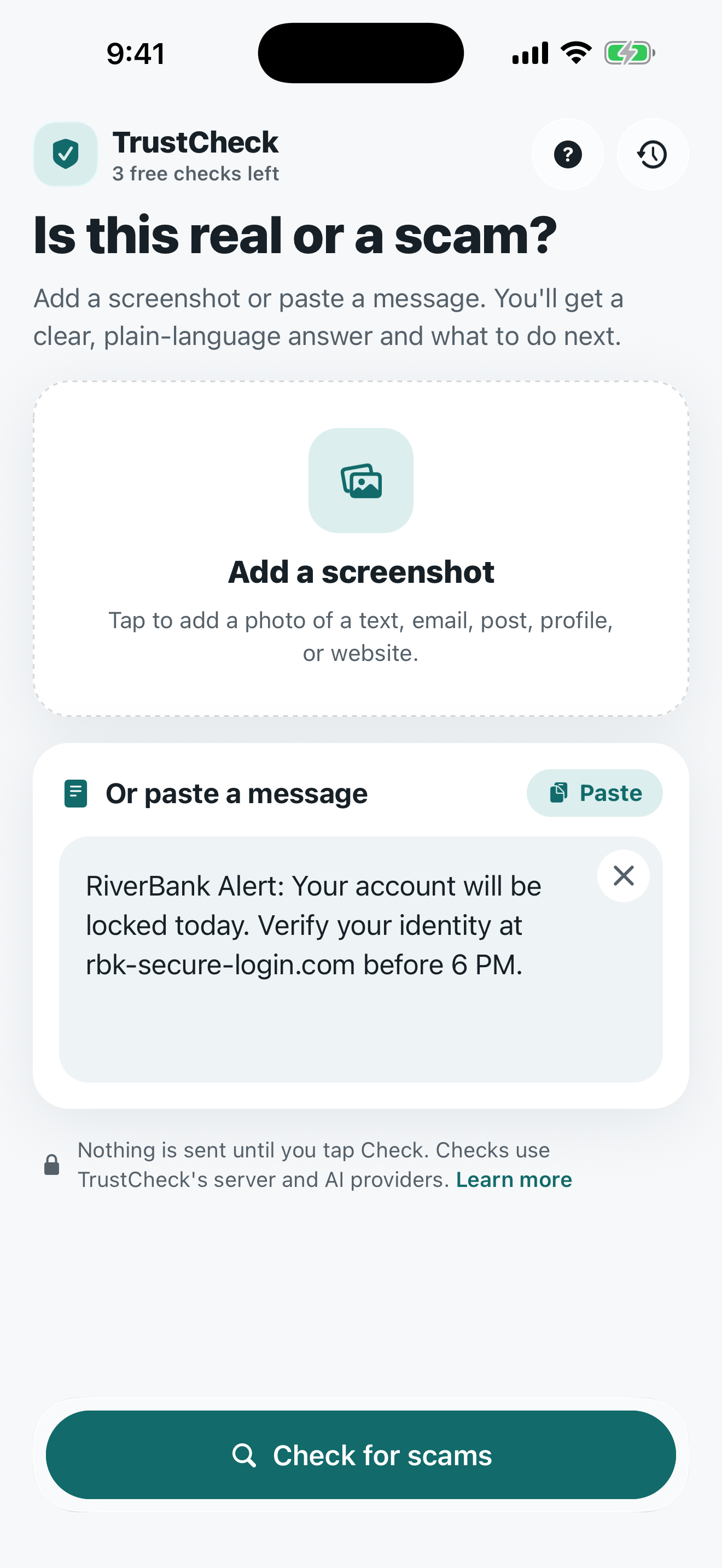 TrustCheck scan screen asking 'Is this real or a scam?' with a pasted suspicious bank text message