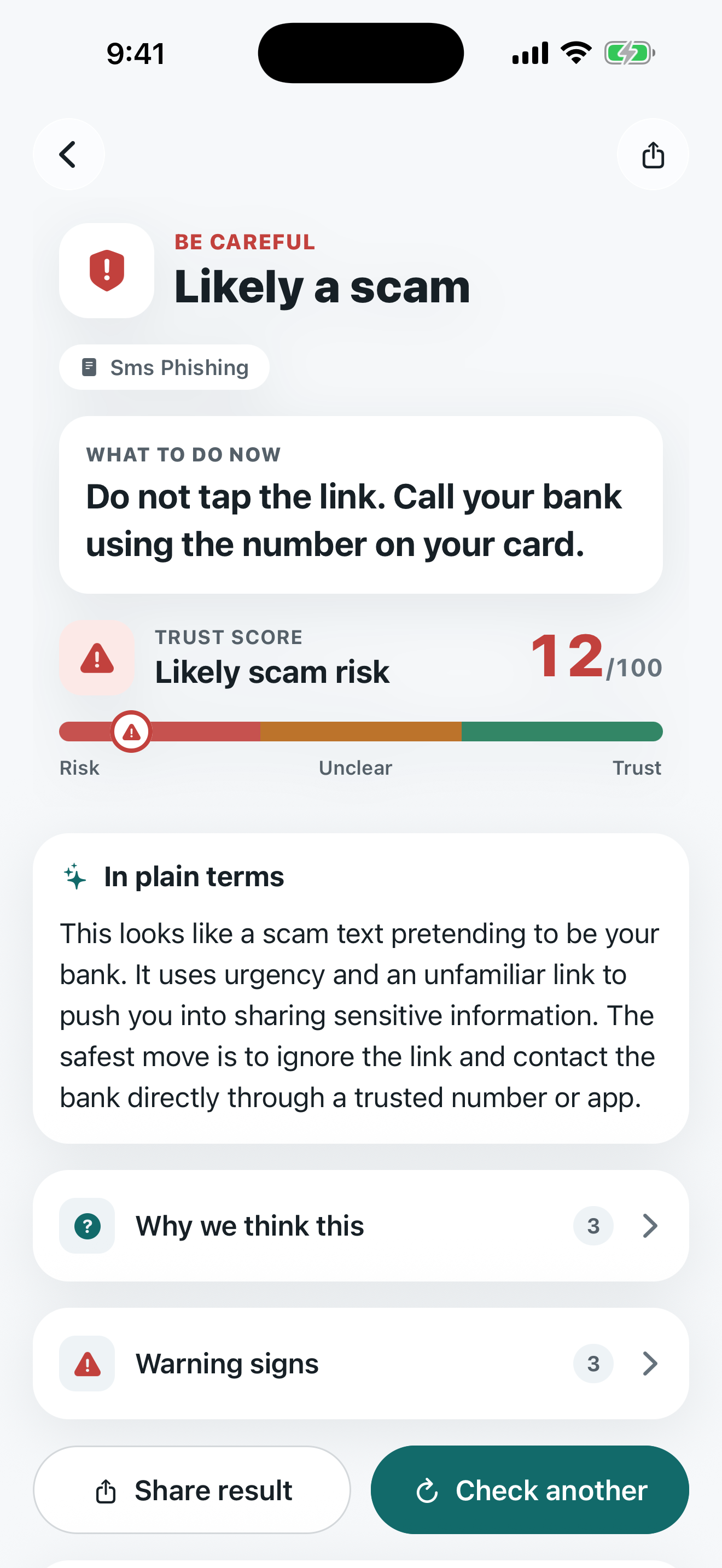 TrustCheck result screen showing 'Likely a scam' with a trust score of 12 out of 100 and advice not to tap the link